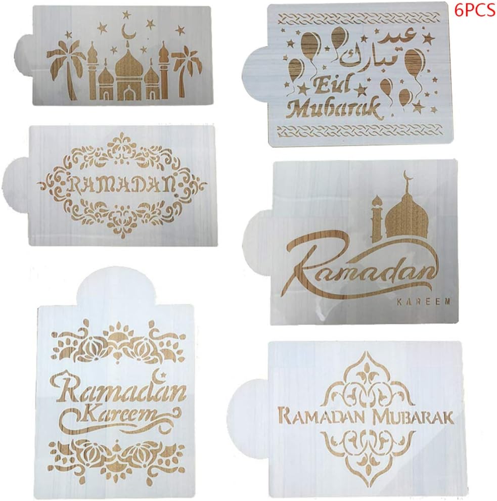 6Pcs/Set Coffee Making Molds,Eid Mubarak Ramadan Coffee Flower Spray Stencils, Cake Decorating DIY Template Sugar Powder Sieve