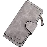 SUVERCH Womens Long Leather Wallet, RFID Blocking Leather Pocket Wallet Ladies Mini Purse with ID Window