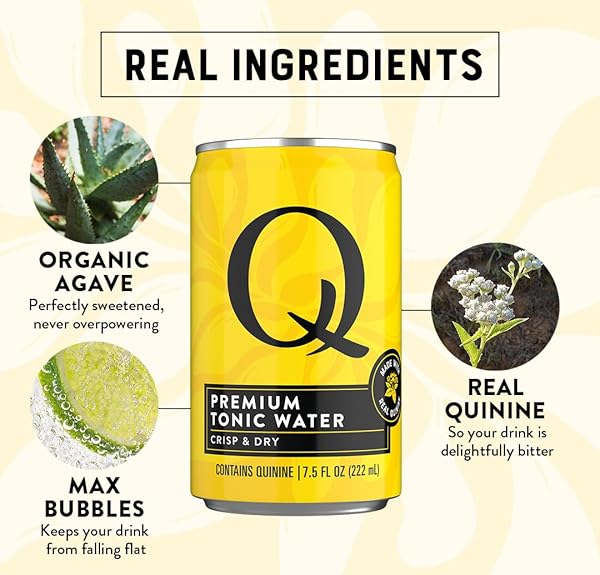 Q TONIC WATER WITH REAL QUININE & ORGANIC AGAVE – IDEAL FOR COCKTAILS & MOCKTAILS – MADE WITH REAL INGREDIENTS, PERFECTLY CARBONATED & LESS SWEET – 45 CALORIES PER CAN – 7.5 FL OZ (PACK OF 24)