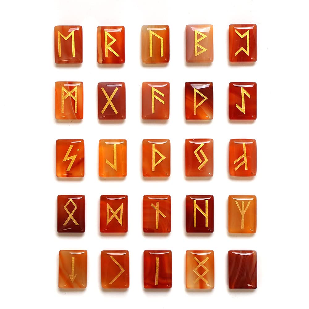 WANGCL 25Pcs Red Jasper Runes Stones Set Tumbled Gemstone with Carved Rune Words for Fortune Telling Crystal Healing Reiki