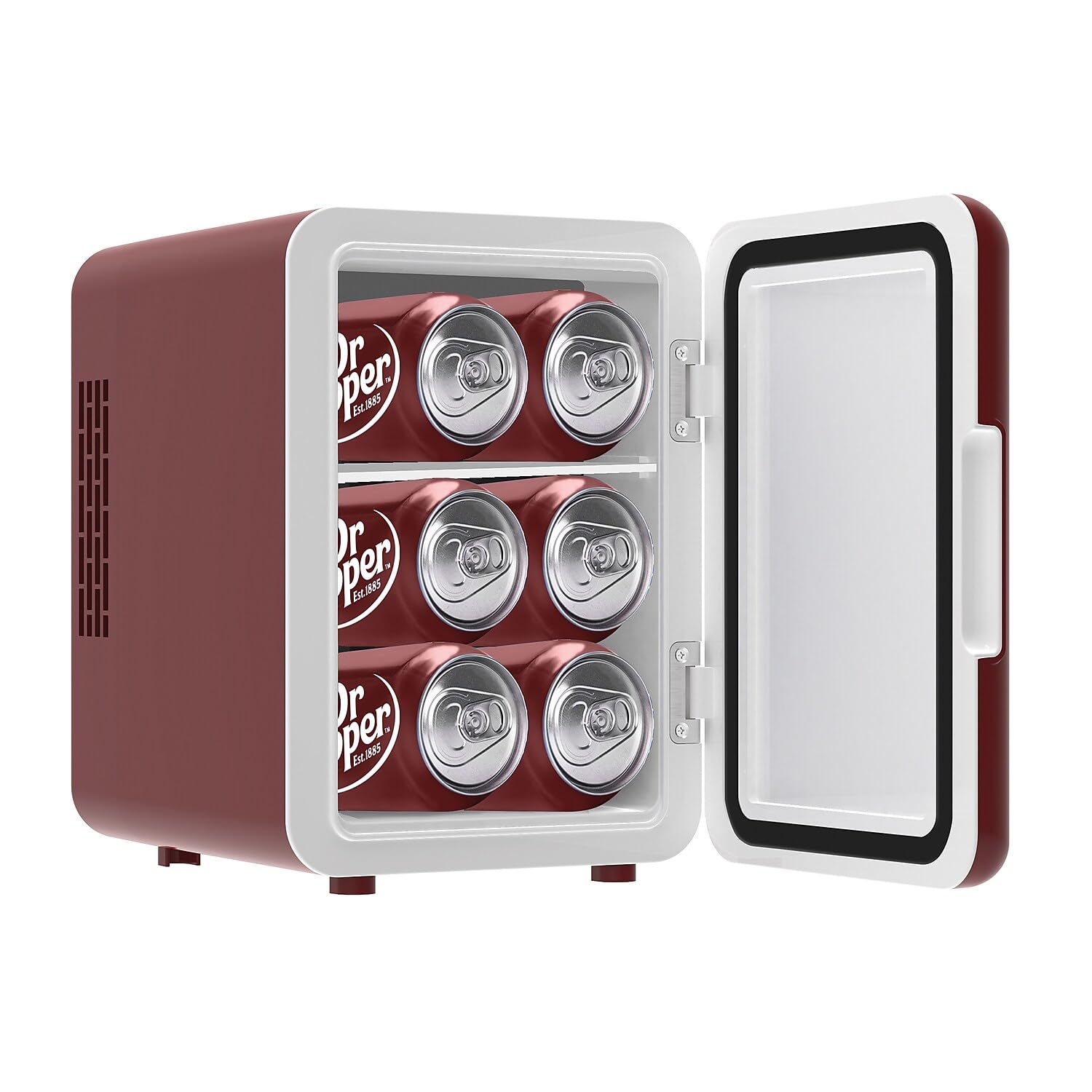 MIS153DRP Dr. Pepper Retro Mini Portable Compact Personal Fridge Cooler, 4 Liter Capacity, 6 Cans, Makeup, Skincare, Freon-Free & Eco Friendly, Maroon