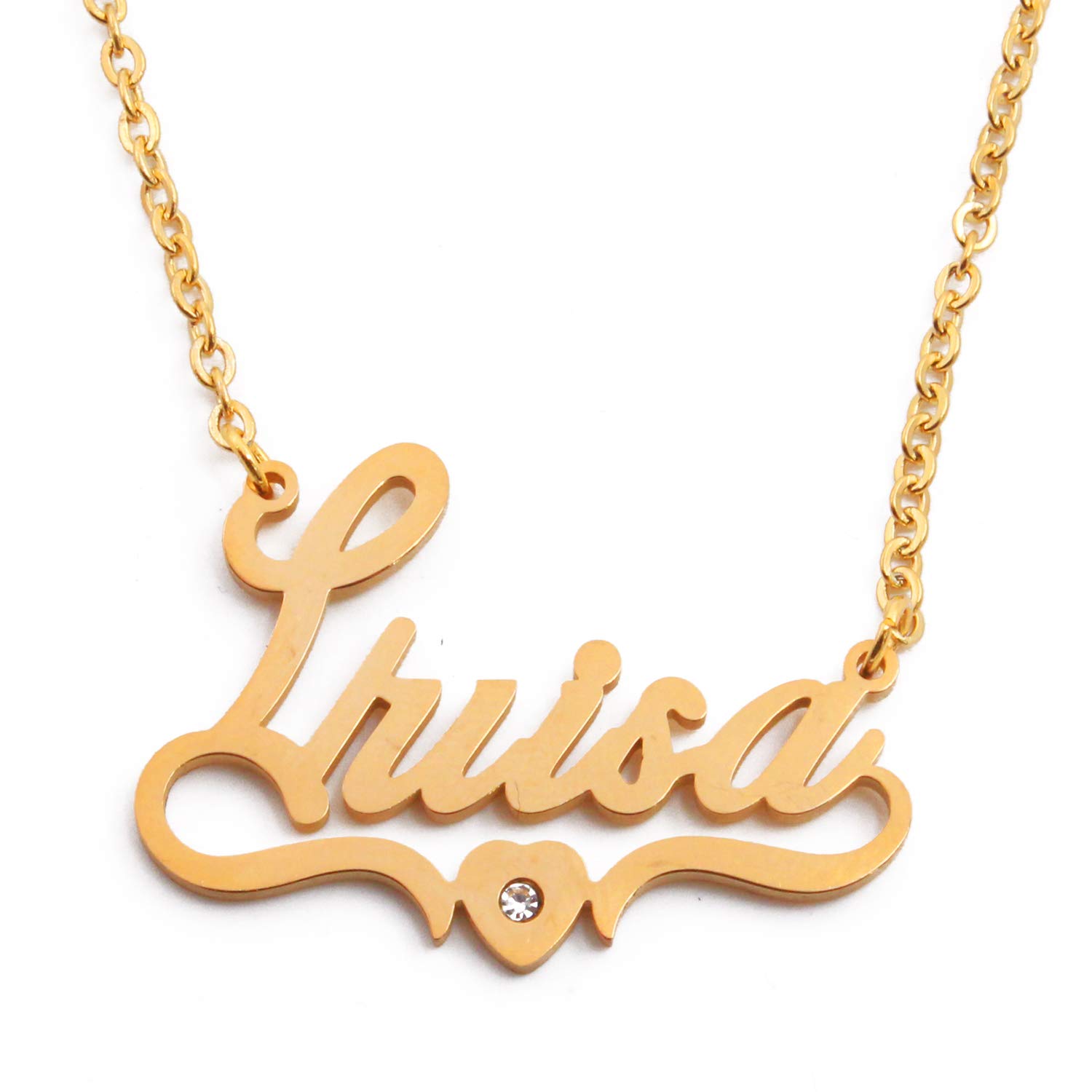 Kigu Luisa Name Necklace Heart Shaped Personalised Gold Plated, Custom Dainty Name Pendants, Jewellery for Ladies, Girlfriend, Mother, Sister, Friends Inc Bag & Box
