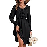 Rooscier Women's Ruffle V Neck Tie Flounce Long Sleeve Elastic High Waist A Line Midi Dress