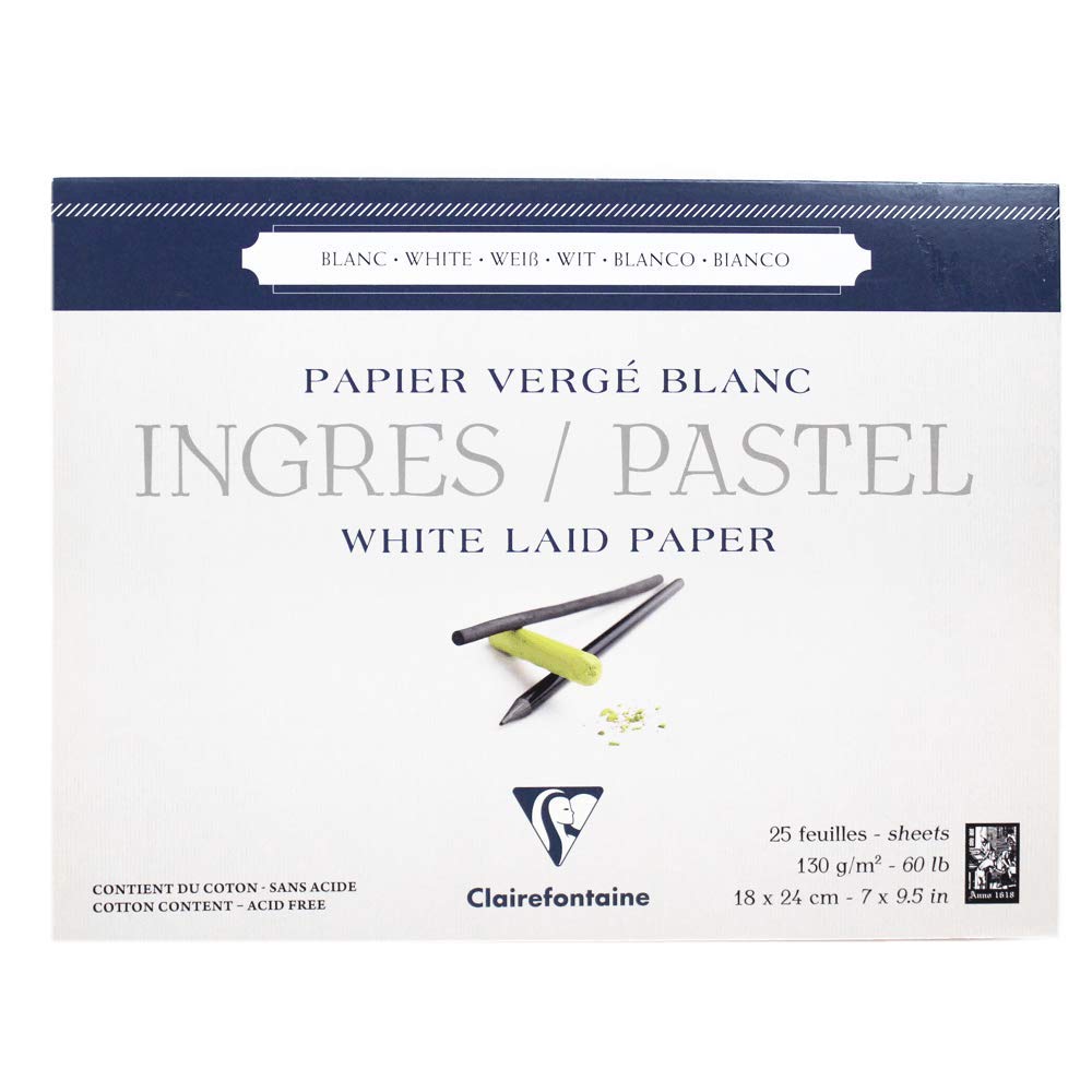 Clairefontaine - Ref 96481C - Ingres White Pastel Glued Laid Paper Pad (Pack of 25 Sheets) - 18 x 24cm, 130gsm Tinted Cotton, Top Glue Bound - Suitable for Dry Techniques