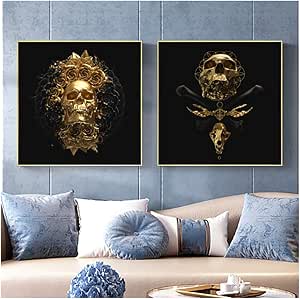 Cuadro en lienzo Cráneo dorado con flor negra Cuadro en lienzo Póster e