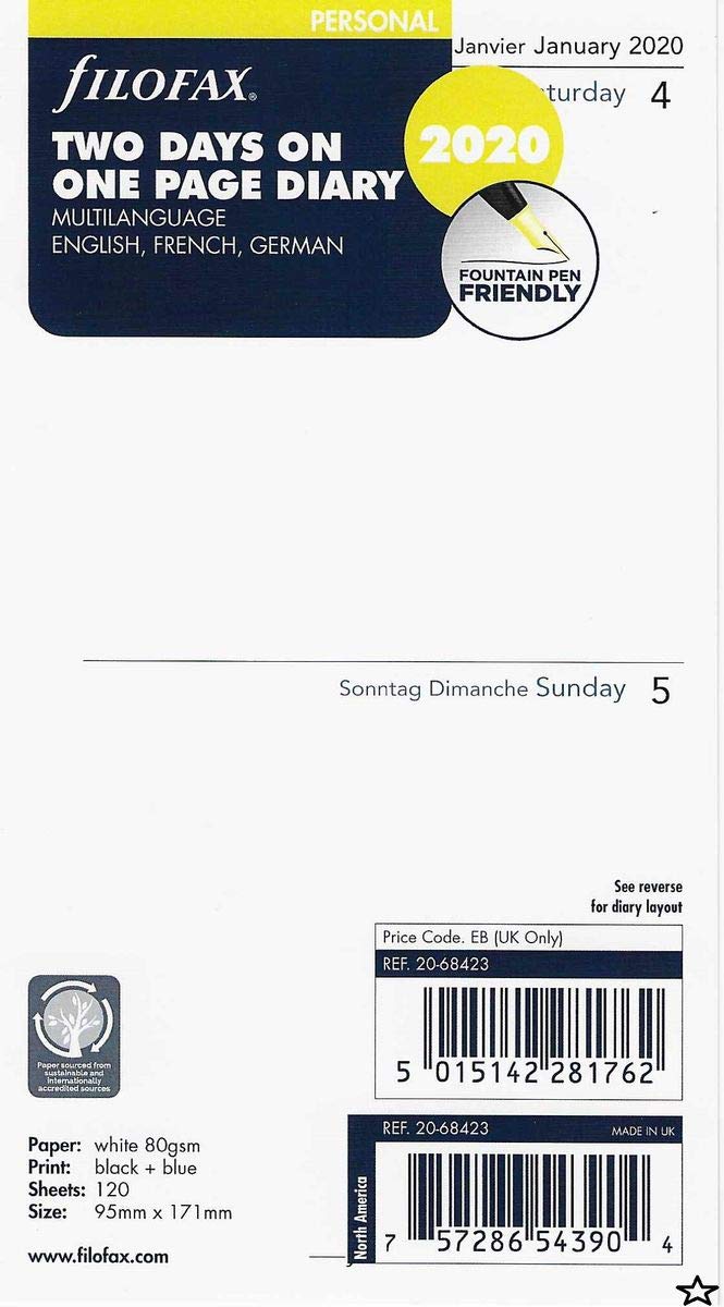 Filofax Personal Two Days per Page 3 Language 2020 Diary