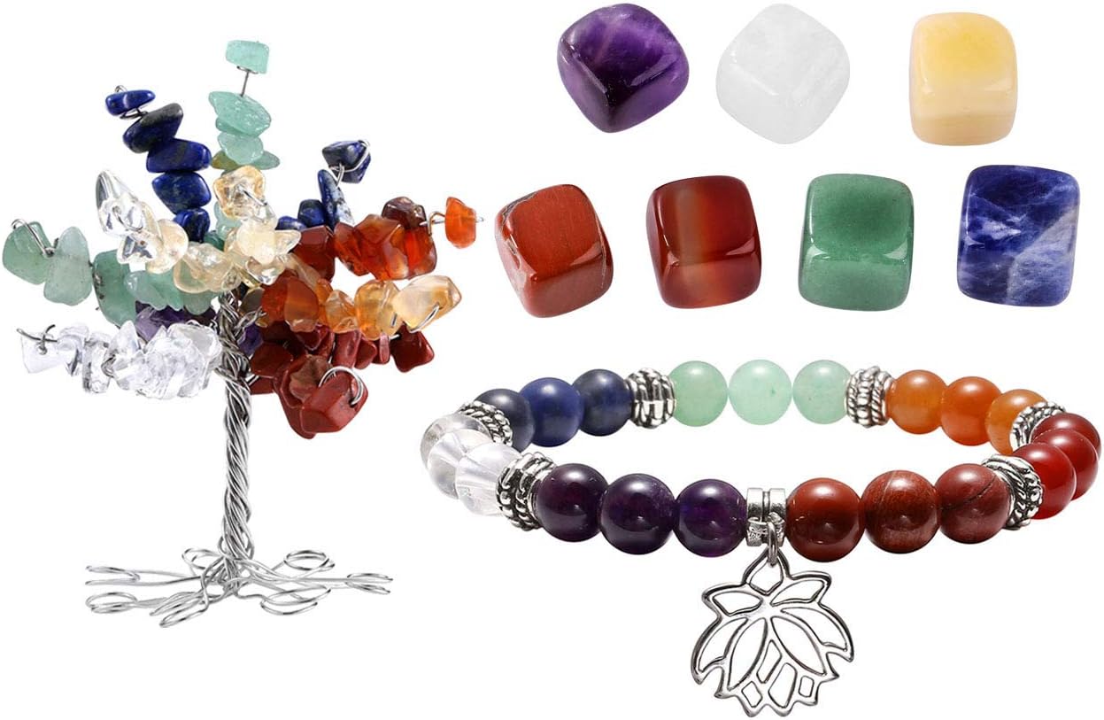 CrystalTears 7 Chakra Gems Set,Money Tree+ Irregular Chakra Stones+ Chakra Bracelet Lotus Pendant Reiki Healing Crystal Feng Shui Spiritual Decor Ornaments