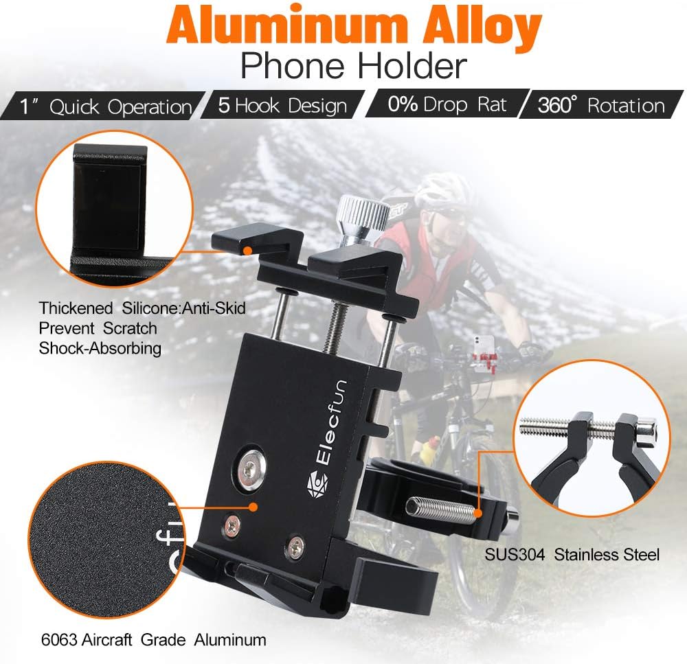 ELECFUN Bike Phone Mount Motorcycle Premium Aluminum Bicycle Phone Holder, 360° Rotatable, Fits iPhone 11 Pro Max X XR Xs 7s 8 Plus Samsung S20 S7/S6/Note 10/9/8, Fit Any 2.2"-3.9" Wide Phones, Black