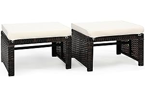 DORTALA 2 Piece Patio Wicker Ottomans, Outdoor Foot Rest with Cushions, PE Rattan Footstool for Patio, Garden, Poolside, White
