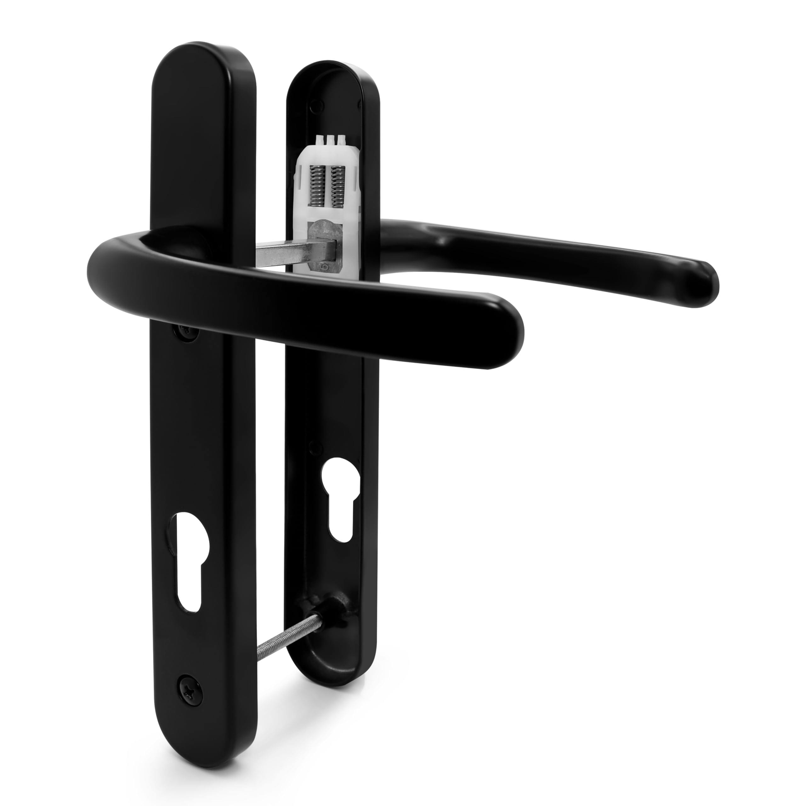 TSS Black UPVC Door Handle Pair, Sprung, 92mm PZ, Lever Lever, 122mm Screw to Screw, Backplate 245mm x 34mm - PVC Door Handle Replacement