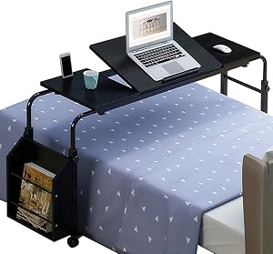 Nurth Overbed Table with Wheels and Bookshelves, Mobile Laptop Desk Cart, Computer Table Over The Bed Table Adjustable Height and Length with Tilt Stand Board for Hospital and Home