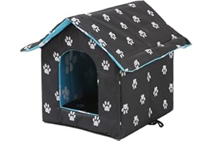 VARMTOR Outdoor Cat House, Cat Houses for Outdoor Cats, Weatherproof Warm and Insulated Cat House with Transparent Curtain Pet House, Stray Cats Shelter (Black, Medium-Houses)