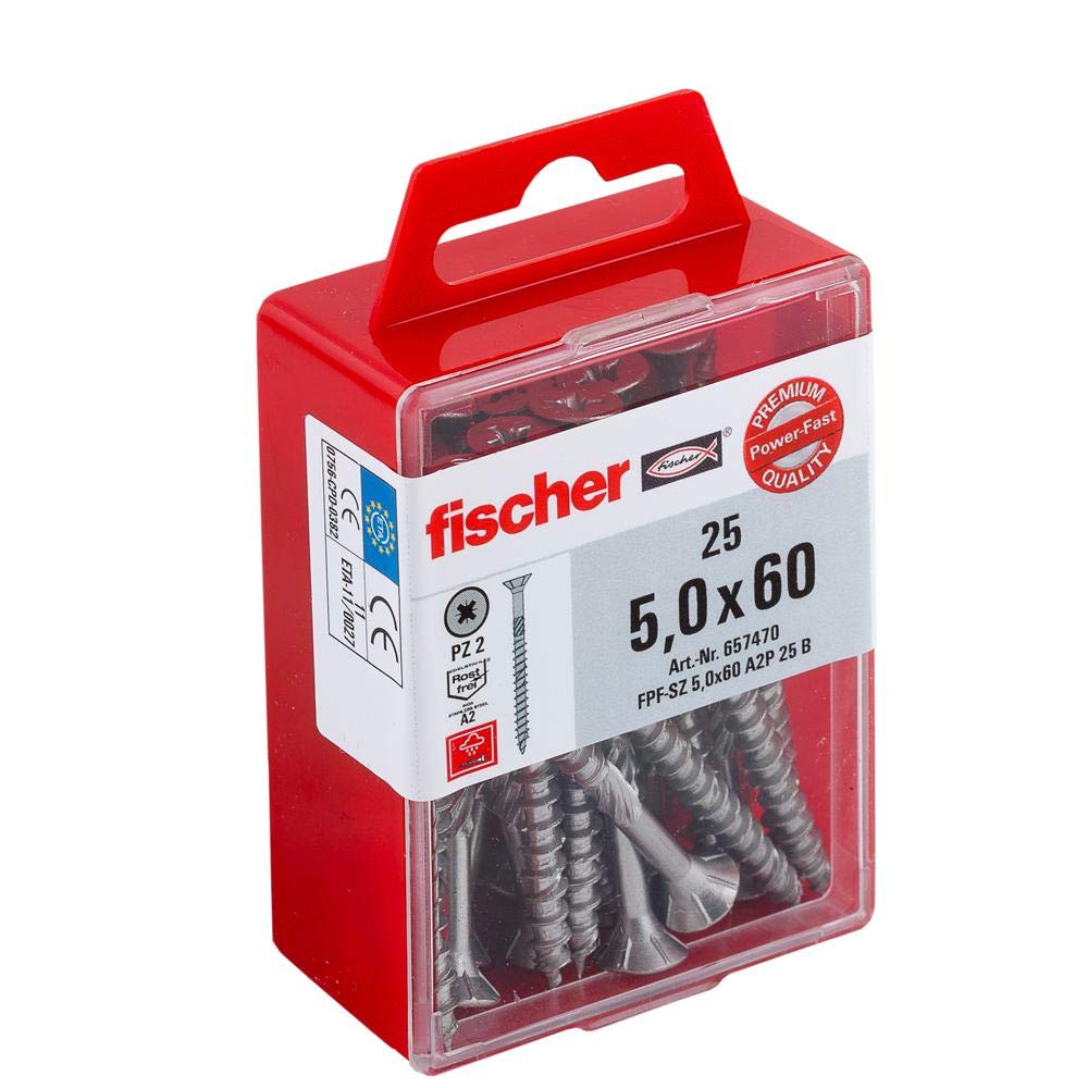 Fischer 657470 5.0 x 60 mm A2 TG PZ "Power-Fast" Countersunk Head-Screw - Multi-Colour (25-Piece)