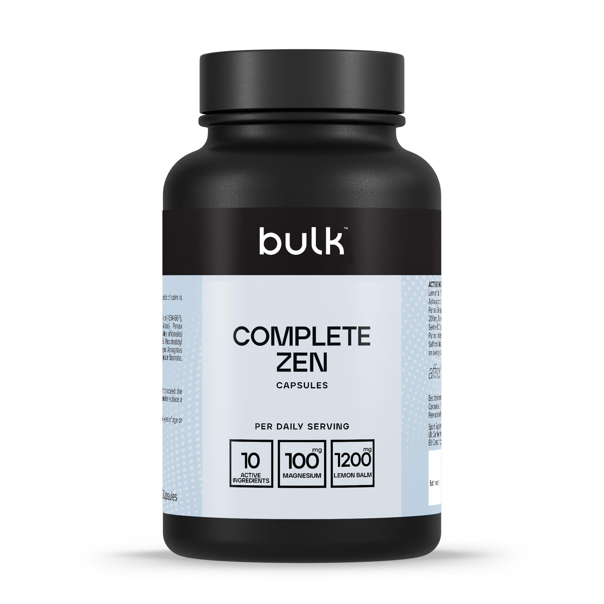 Bulk Complete Zen Capsules, Relaxation Formula With 10 Active Ingredients, KSM-66, Lemon Balm Extract, Inositol, L-Theanine, Pack of 120, 30 Servings, Packaging May Vary