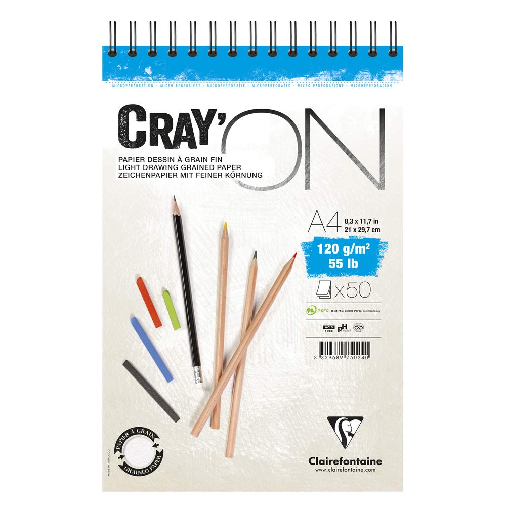 Clairefontaine - Ref 975024C - Cray'On White Wirebound Sketch Pad (50 Sheets) - A4 (21 x 29.7cm) Size, 120gsm 100% Cellulose Paper, Grained One Size & Smooth Other Side
