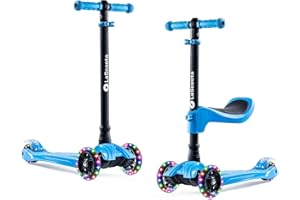 LaScoota 2-in-1 Kids Kick Scooter, Adjustable Height Handlebars and Removable Seat, 3 LED Lighted Wheels and Anti-Slip Deck, for Boys & Girls Aged 3-12 and up to 100 Lbs.