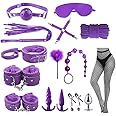 MISSTU BDSM Restraints Sex Toys Bondage Restraints Set Fetish Bed Restraints Cosplay Kits for Beginners SM Adult Games Safe BDSM Cuffs Nipple Clamps Flogger Ball Gag Blindfold Rope Purple