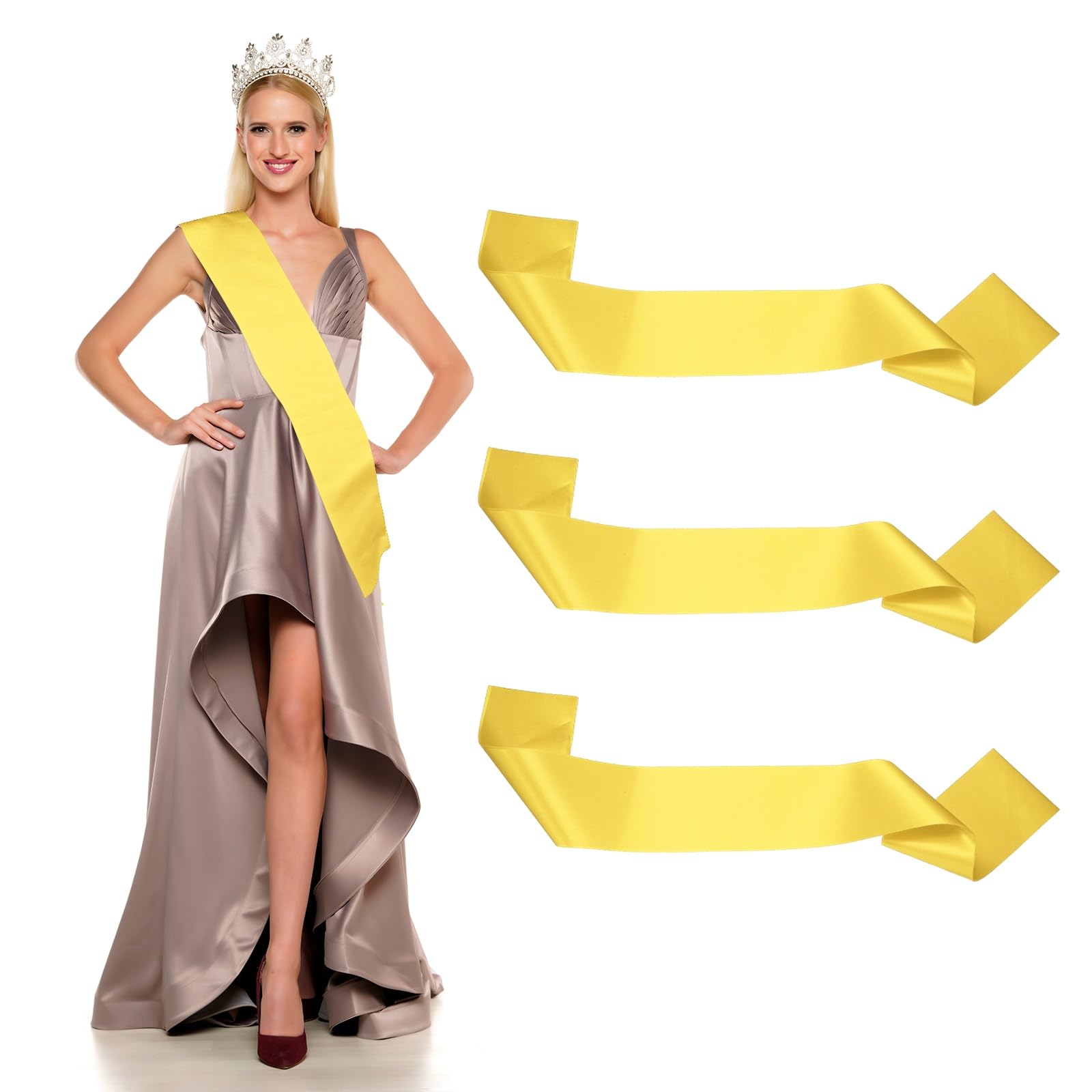 YELARXI Satin Sash, Blank Sash, Pageant Ribbon - Fitting for (Beauty Pageant/Party/Wedding/Birthday/DIY Decorations) 3 Pack & Yellow