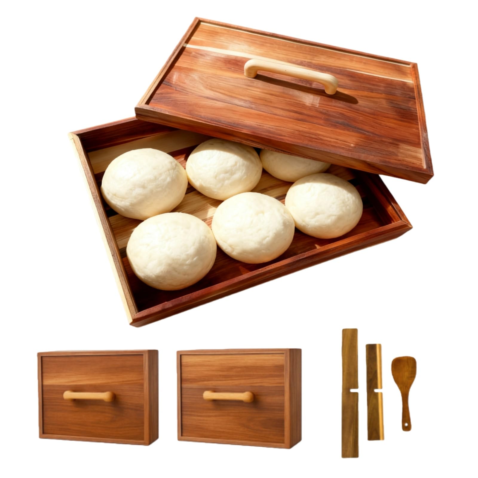 Photo 1 of Jorivel 2 Pack Wooden Pizza Dough Proofing Box 16" x 12" w/Lids - Made From Natural Acacia Wood - Ideal Bread Proofing Box, Pizza Storage Container - Comes with 2 Adjustable Partitions & 1 Wood Shovel
