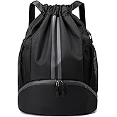 Valleycomfy Sports Drawstring Backpack - Water Resistant String Bag with Side Mesh Pockets Shoe Compartment Gym Backpack for Women & Men Black