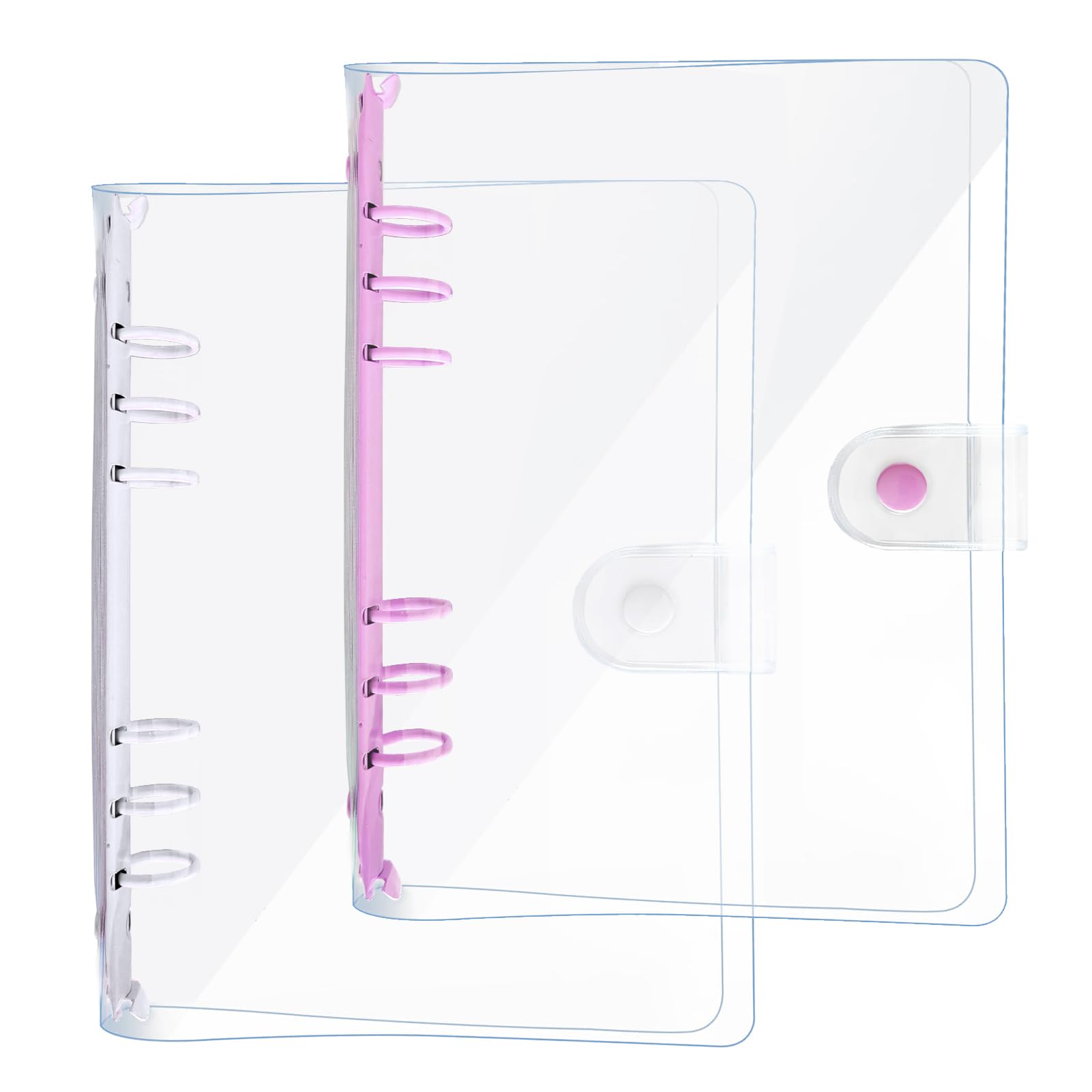 DY.2ten 2 Pack A5 Transparent Soft PVC 6 Holes Binder Notebook Covers, Snap Button Closure Refillable Notebook Round Ring Binder Cover Protector(A5, Clear Cover + Light Purple/White Binder)