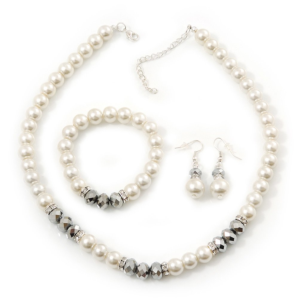 Avalaya White Simulated Glass Pearl Bead Necklace, Flex Bracelet & Drop Earrings Set With Diamante Rings & Metallic Grey Beads - 38cm Length/ 6cm Extension