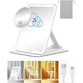 Gospire Travel Makeup Mirror with Lights and Magnification 10X, Portable Make Up Compact Tabletop with Adjustable Stand, 3 Colored Light Rechargeable Lighted LED Cosmetic Vanity- White