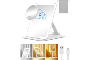 Gospire Rechargeable Travel Makeup Mirror with Lights and Magnification 10X, Foldable Stand & Angle Sensor Light, 3 Light Colors & Stepless Dimming, Lighted Mirror LED Vanity Mirror - White