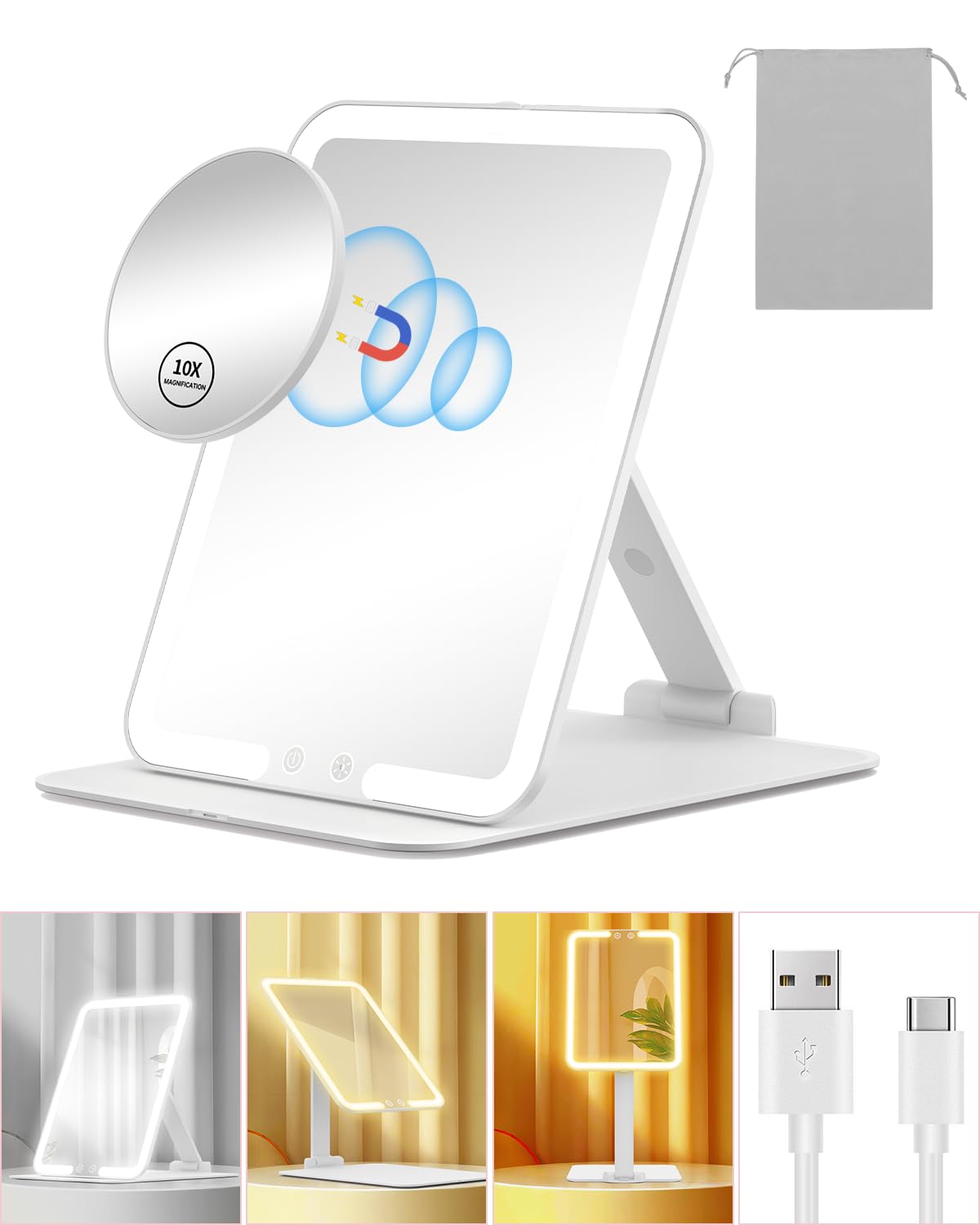 Gospire Travel Makeup Mirror with Lights and Magnification 10X, Portable Make Up Compact Tabletop Mirror with Adjustable Stand, 3 Colored Lights Rechargeable Lighted LED Vanity Mirror - White