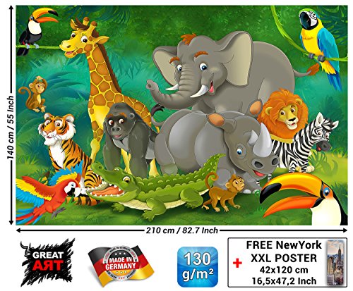 Wall Mural Kid’s Room Jungle Animals Mural Decoration Jungle Animals Zoo Nature Safari Adventure Tiger Lion Elephant Monkey I paperhanging Wallpaper poster wall decor by GREAT ART (82.7x55 Inch)