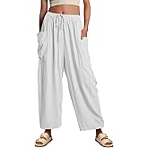 utcoco Womens Baggy Linen Pants Casual Loose Fit Drawstring Wide Leg Harem Pants with Pocket