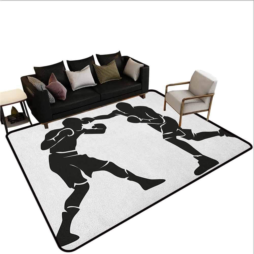 Area Rug Rugs Sports,Print,Black Silhouettes of Professional Boxers Fighters Combative Exercise Punch Attack,Large Floor Mat for Living Dining Dorm Playing Room BedroomBlack White 7'6x7'6
