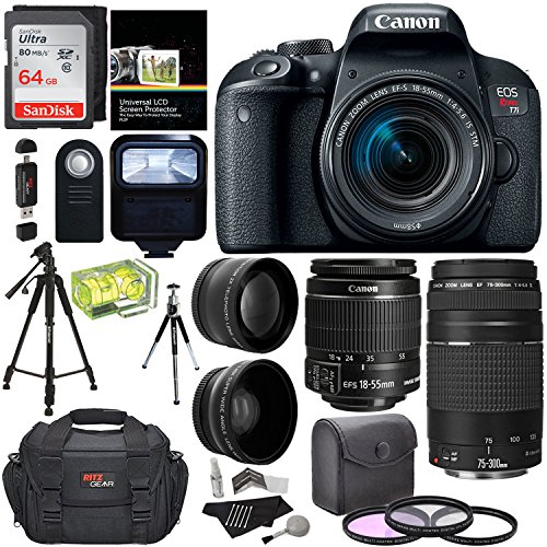Canon-EOS-REBEL-T7i-EF-S-18-55-IS-STM-Kit-EF-75-300mm-III-Lexar-64GB-Polaroid-Wide-Angle-Telephone-Lens-Polaroid-57-Tripod-and-Accessory-Bundle