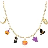 Halloween Charm Necklace for Women, Moon Pumpkin Black Cat Ghost Skeleton Charms Necklace, Dripping Oil Finish Festive Paper Clip Chain Necklace, Halloween Theme Jewelry Gift Costume Accessories
