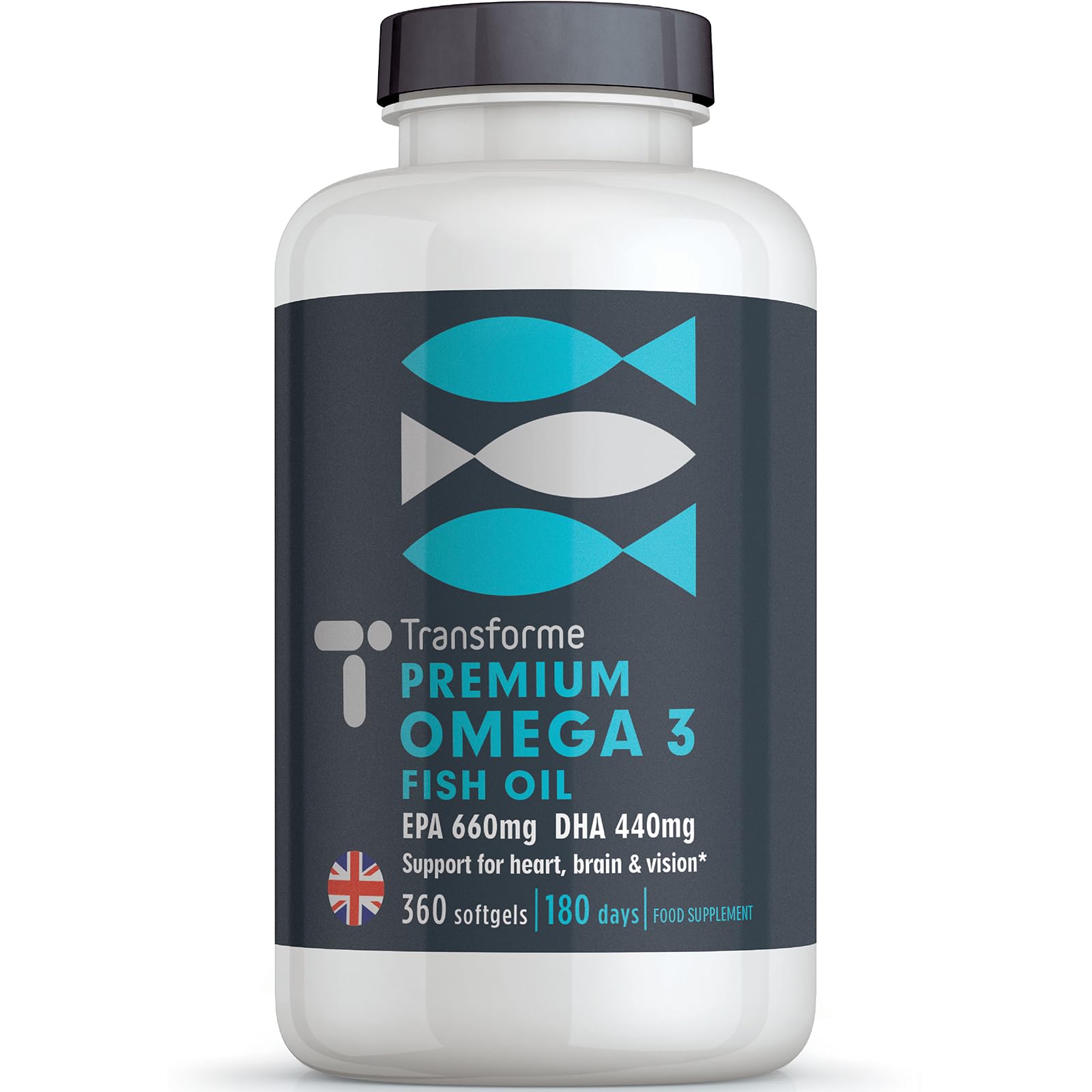 Omega 3 Fish Oil 2000mg, 2 x 1000mg Capsules High Strength Serving 660mg EPA and 440mg DHA, 360 Omega 3 Fatty Acids Softgels Supporting Heart, Brain and Eye Health, 6 Month Supply from Transforme