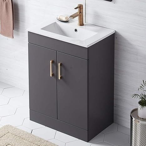 GLANZHAUS - Mueble de baño moderno de 600 mm, color gris oscuro con