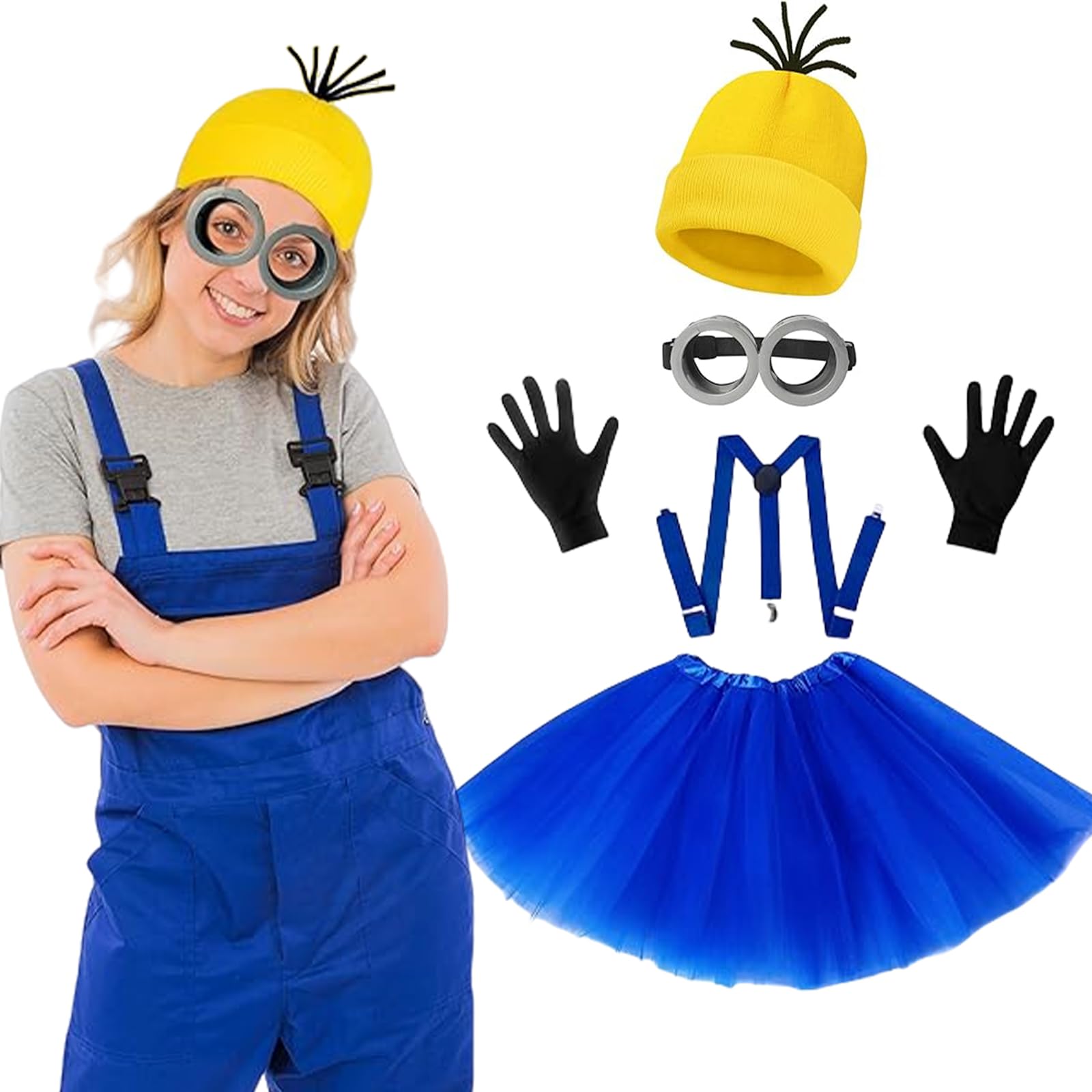 WKPBJX Costume Accessory, Halloween Decorations, 3/5 Pcs Halloween Costumes Includes Goggles Yellow Beanie Gloves Tutu Skirt And Suspenders, for Cosplay Party Fancy Dress Costume Games Party (Blue)
