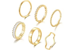OPFIV 6Pcs 14K Gold Plated Stacking Rings for Women Teen Cubic Zirconia Wave Stackable Thin Gold Ring Plain Statement Band Promise Eternity Bands Ring Comfort Fit Size 6-9