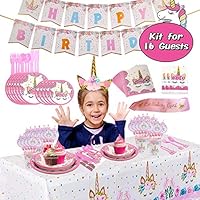 Premium Unicorn Birthday Party Supplies - Serve 16, FDA Approved, Including Plates, Cups, Utensils, Napkins, Table Cover, Banner,Unicorn Headband, Sash