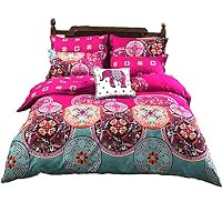 LAMEJOR Duvet Cover Sets Queen Size Bohemia Exotic Patterns Bedding Set Comforter Cover Teal/Bright Pink(1 Duvet Cover+2 Pillowcases)