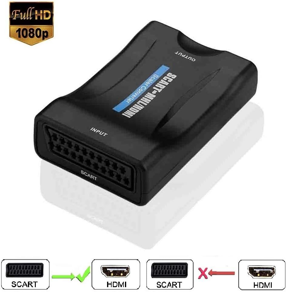 Onesite Scart to HDMI Converter 1080P SCART Input to HDMI Output Adapter Audio Video Adapter 21 Pin 60Hz for DVD Set-top Box HDTV PAL NTSC(Black)