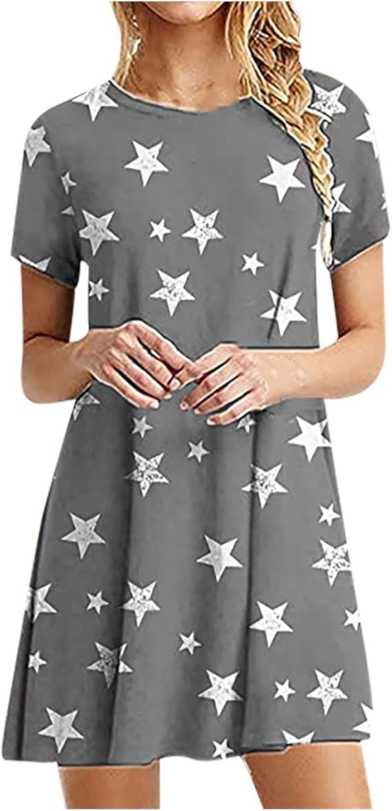 Women's star print summer dress, high waist over the knee dress, knee