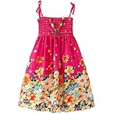 Flenwgo Girls Bohemian Dresses Floral Sleeveless Rainbow Beach Sundress with Necklace 2-12T