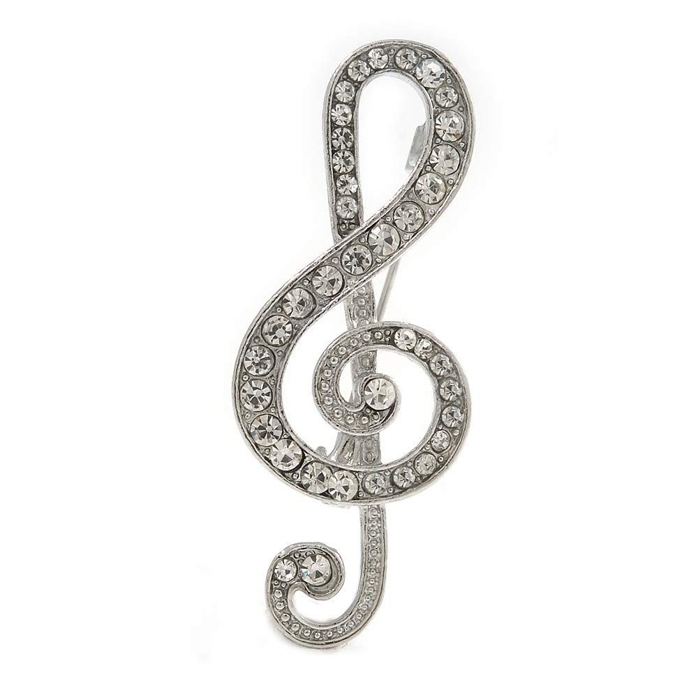 Clear Crystal Treble Clef Brooch In Silver Tone Metal - 45mm Long