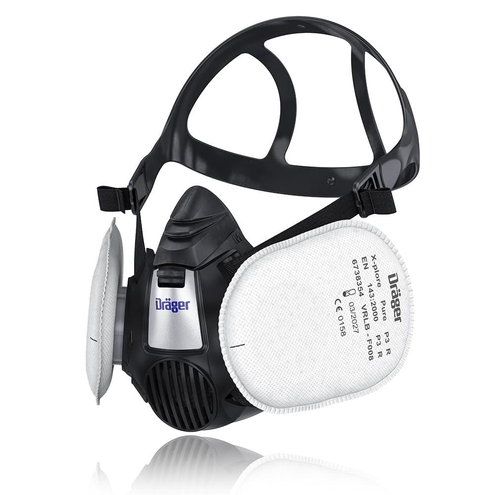 Dräger X-plore® 3500 Half Mask Respirator Set with 2 Reusable Pure P3 filter cartridges for Construction Work, DIY and Mold Removal | Size S