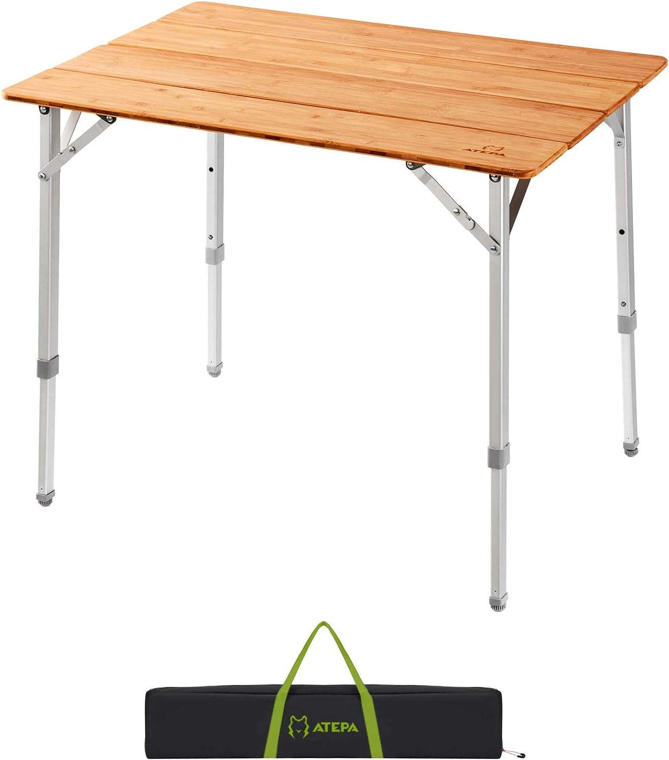 ATEPA 4-Fold Folding Bamboo Table Adjustable Height Aluminum Camping Table, Portable Lightweight Outdoor Picnic Table with Carrying Bag, 31.5"x23.6"x17.7"- 25.6", 13lbs: Kitchen & Dining