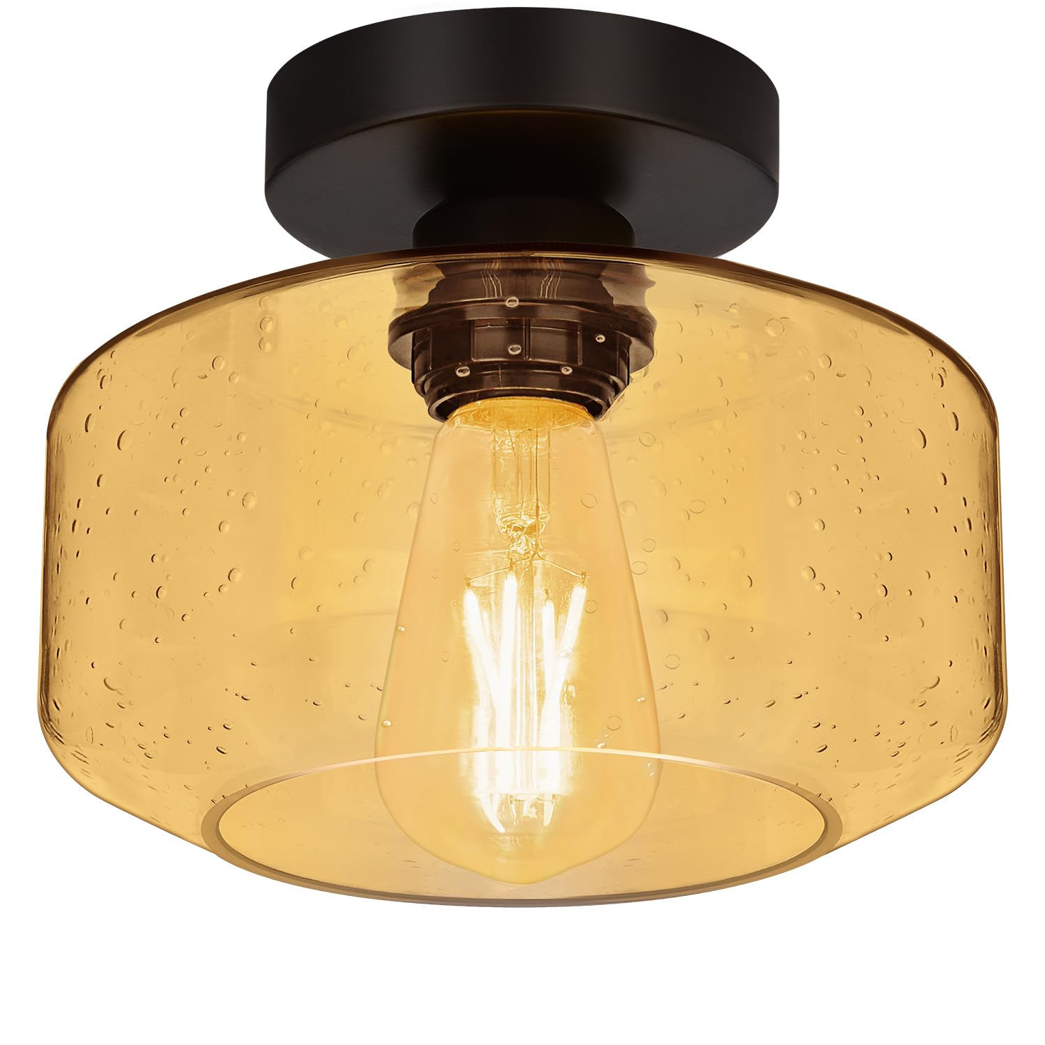 Lynnoland Industrial Semi Flush Mount Ceiling Light, Amber Seeded Glass Shade Ceiling Light Fixture, Light Fixture for Hallway Bathroom Bedroom, Vintage Hanging Light Fixtures Image