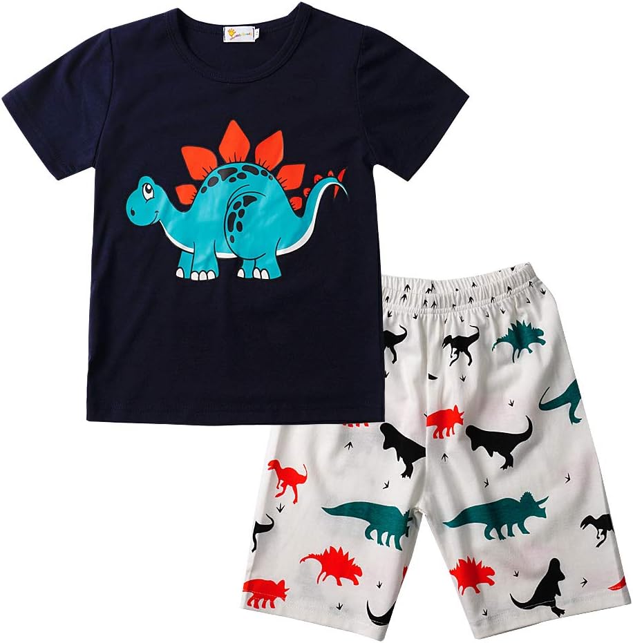 Boys Pyjamas Short Sleeve T Shirt and Pants Cotton Summer Sleepwear Dinosaur Truck Patterns 2 Piece Pjs Kids Clothes Outfit for Age 1-7 Years