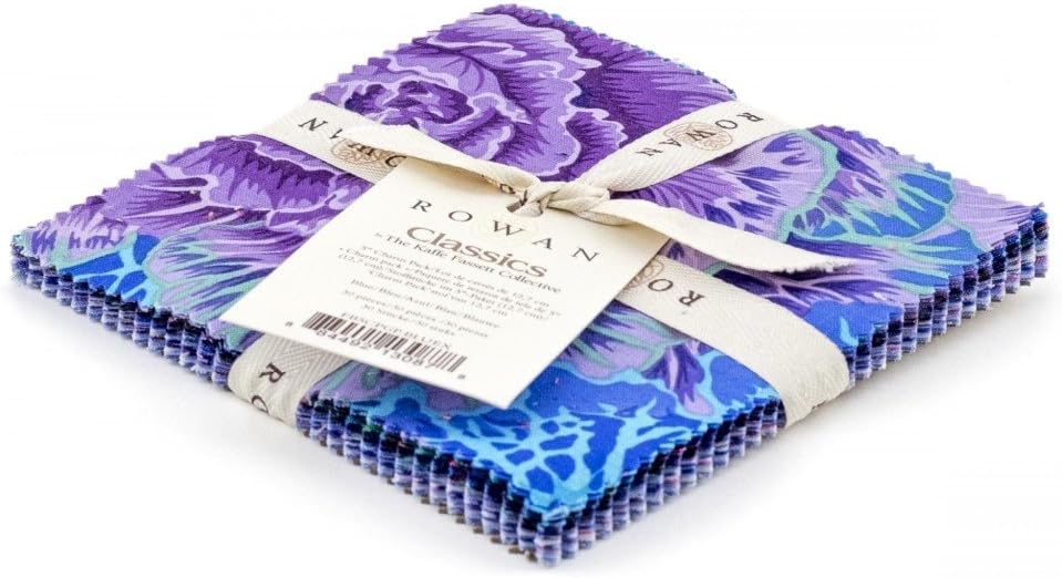 Kaffe Fassett Freespirit 30 Piece CHARM SQUARES "Blues" - Floral Flowers Spots Fabric Quilting Fabric Patchwork Quilting Squares - Blue Purple Pink Green - by Kaffe Fassett for Rowan - 12.5 cm x 12.5 cm Squares (5" x 5") Quilting Pieces