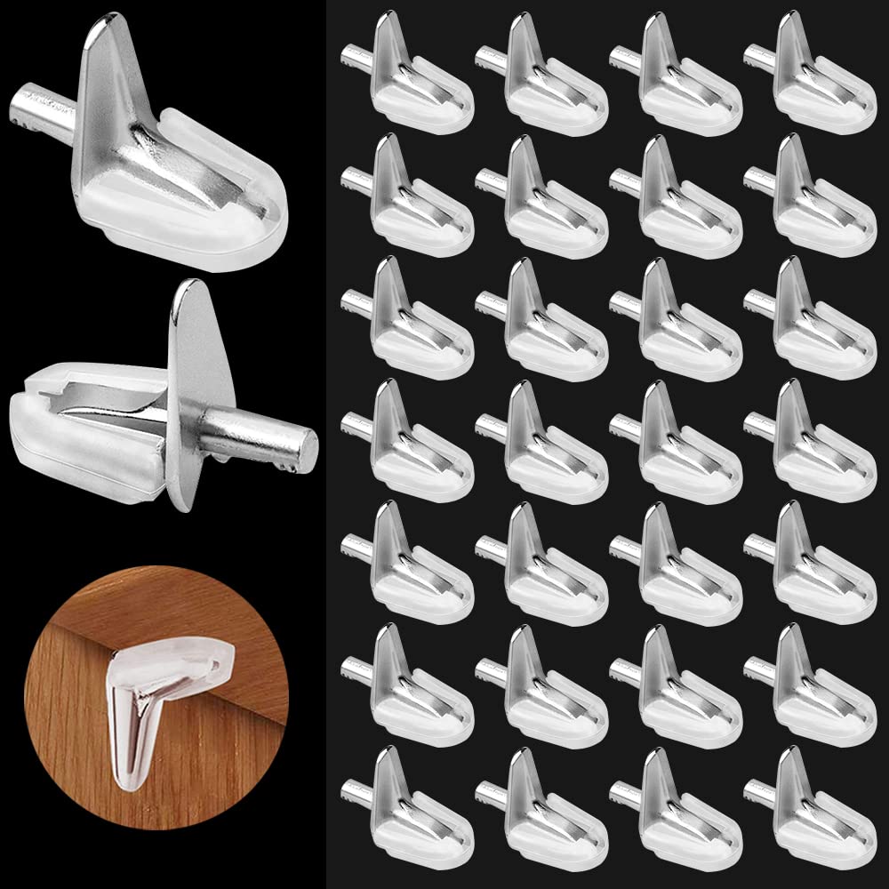 TONAUP 30Pcs Shelf Support Pegs, 3mm L-Shape Plastic with Steel Clips Shelves Pins, Invisible Shelf Bracket for Wardrobe Cabinet Bookcase Glass Showcase Kitchen Office